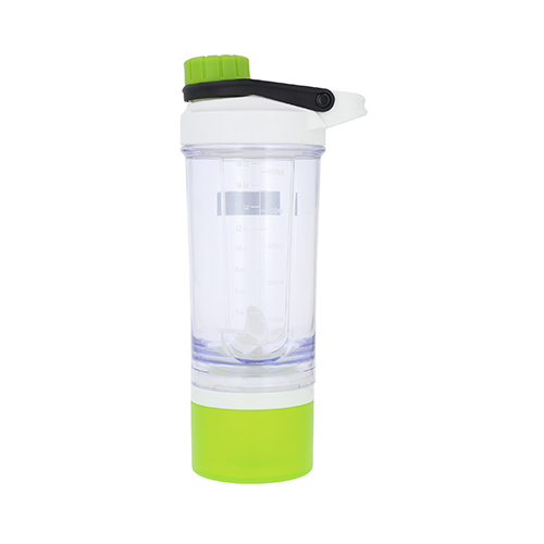 T-91, Shaker de plástico con compartimento, bola mezcladora plástica y tapa enroscable con asa. Cap. 500 ml.